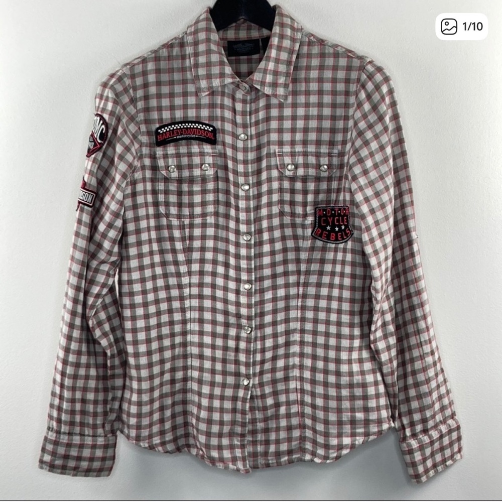 Harley Davidson gray/white plaid pearl snap shirt